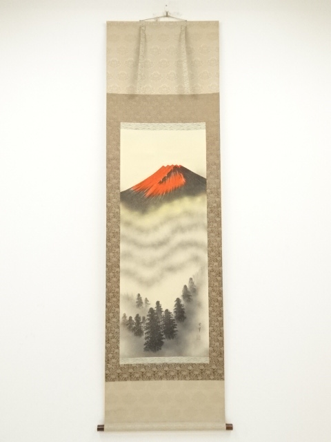JAPANESE HANGING SCROLL / HAND PAINTED / RED Mt.FUJI